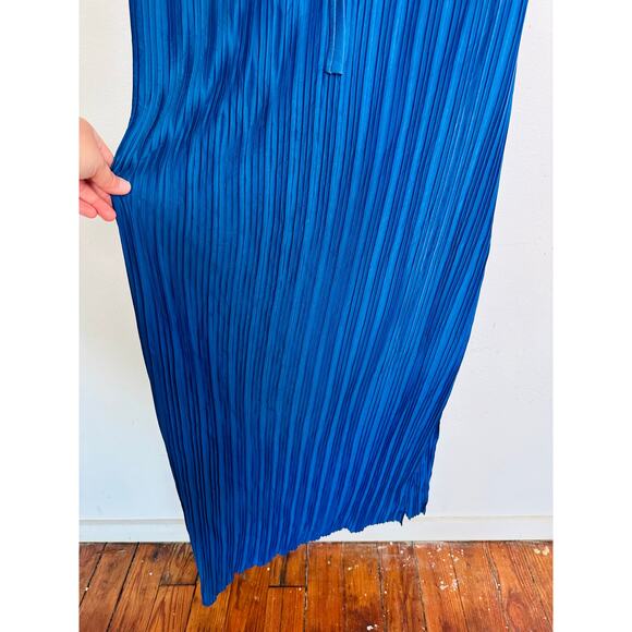 ATLEIN X RTR Navy Blue Plisse Tie Neck Sleeveless Side Slit Midi Dress Size M - Picture 12 of 16